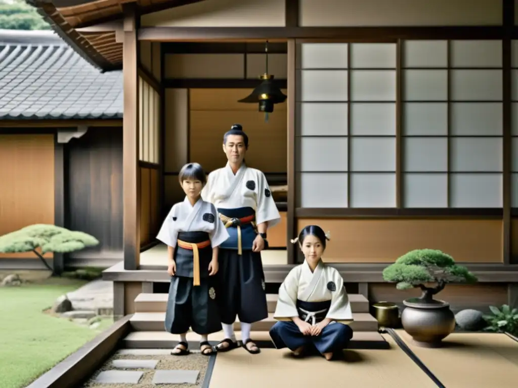 Una familia japonesa moderna viste atuendos samurái tradicionales, mostrando el legado familiar samurái moderno en la vida diaria