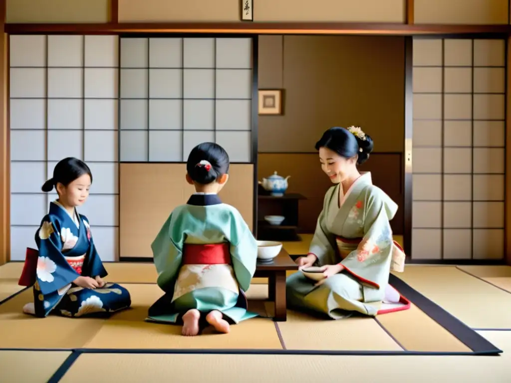 Una familia japonesa tradicional comparte una comida en kimonos, en su rutina diaria del Bushido