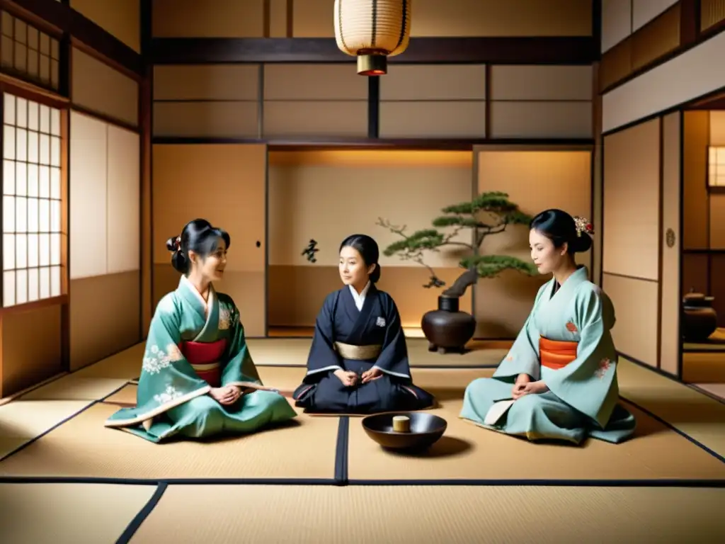 Una familia japonesa tradicional disfruta de una ceremonia del té en una casa con tatamis, en la vida diaria samurái era Edo