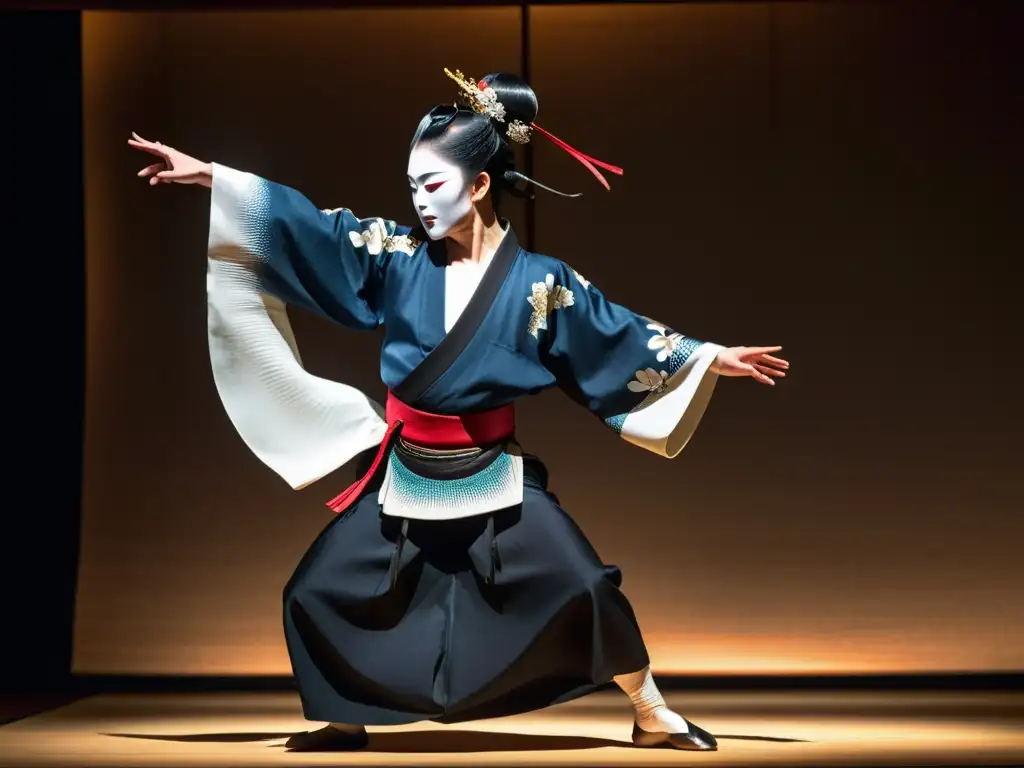 Un fascinante butō dancer con máscara Noh en un escenario con elementos del bushidō