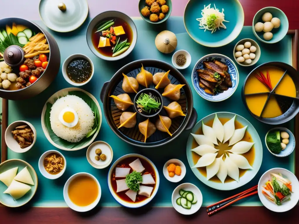 Una festín tradicional coreano y chino en un jardín exquisito