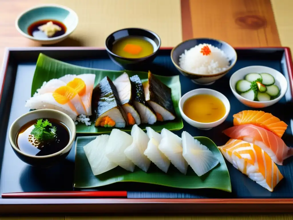 Un festín tradicional japonés para samuráis, con arroz, sopa de miso, verduras encurtidas, pescado a la parrilla y sashimi