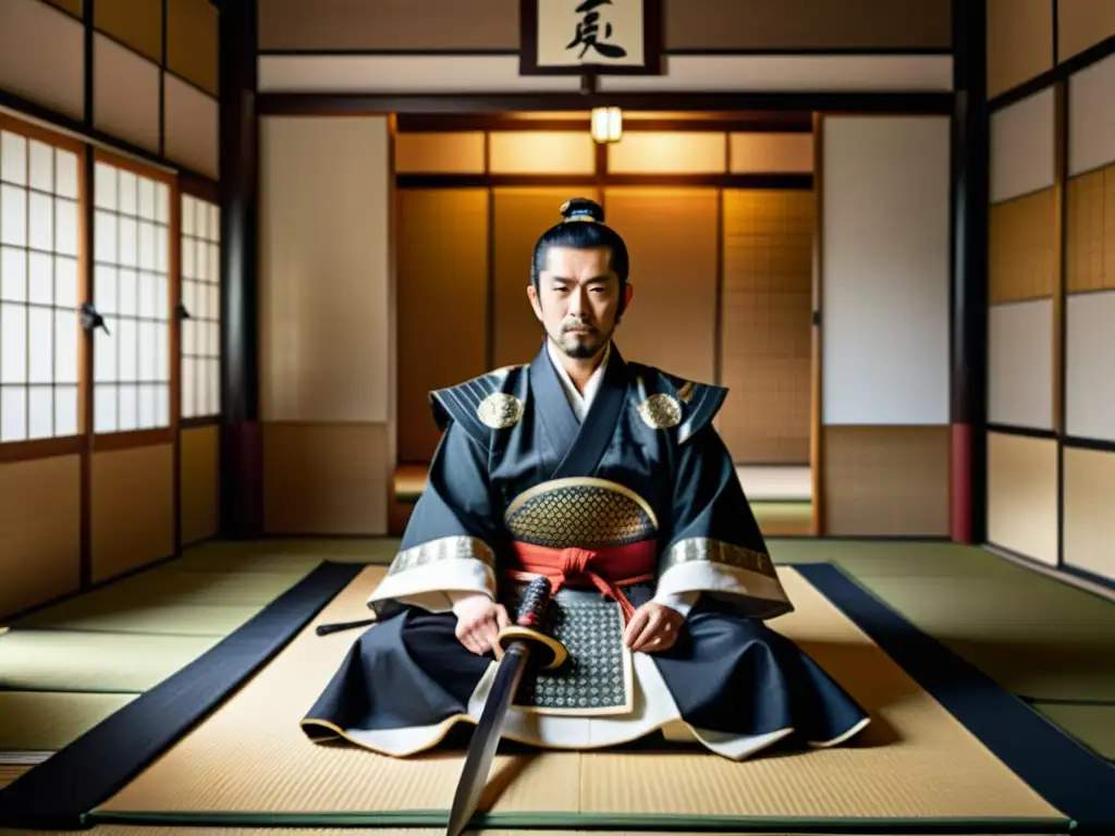 Un señor feudal japonés, rodeado de sus vasallos en una habitación de tatami, muestra el poder y la cultura de la época