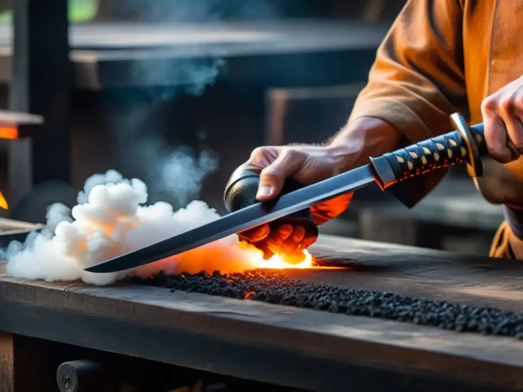 El hábil herrero forja una réplica fiel de katana, rodeado de vapor y luz naranja en un ambiente de tradición y destreza artesanal japonesa