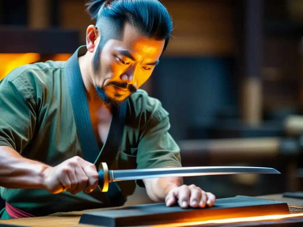 Un forjador de espadas japonesas artesanales concentra toda su habilidad en la creación de una katana, fusionando tecnología y tradición