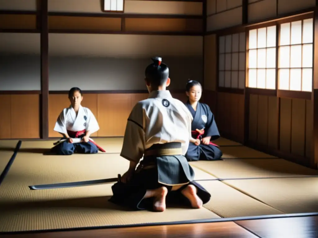 Una foto en blanco y negro de un dojo japonés tradicional, con jóvenes samuráis en entrenamiento escuchando atentamente a su sensei, en una atmósfera disciplinada que refleja la educación de futuros guerreros samurái