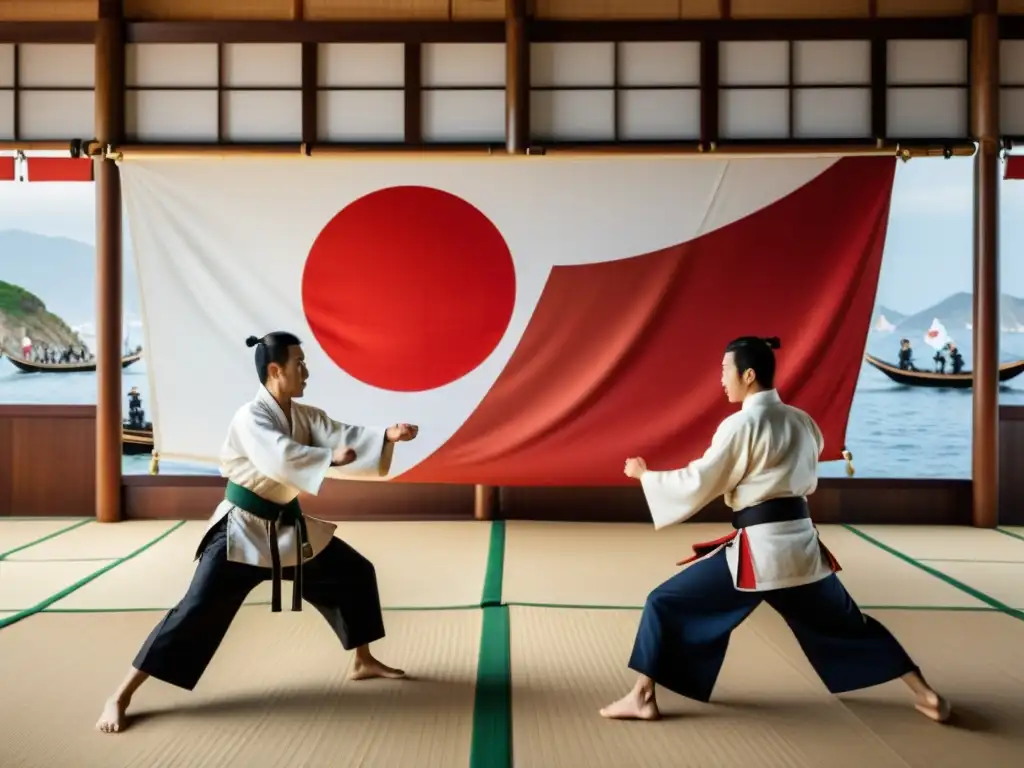 Foto de alta resolución de un encuentro histórico entre artistas marciales portugueses y japoneses, mostrando la influencia cultural