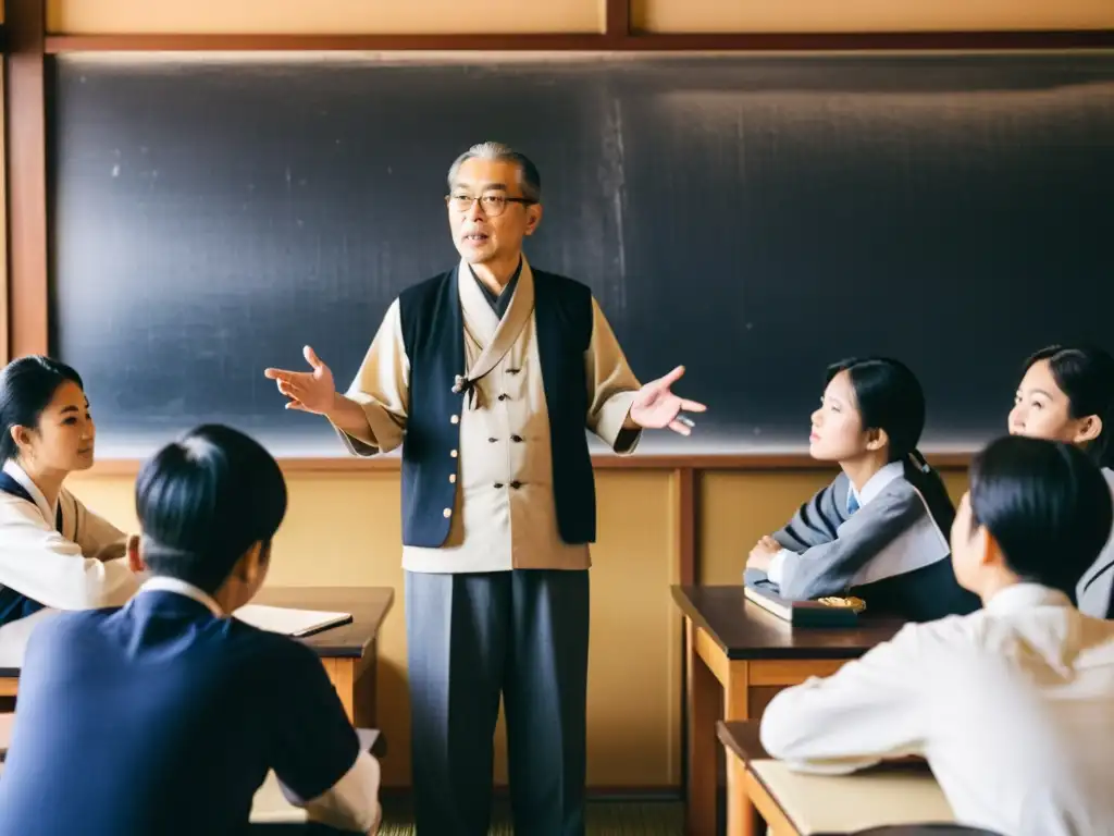 Fukuzawa Yukichi dando una apasionada conferencia a estudiantes en un aula tradicional japonesa, capturando la visión de modernización en la Era Meiji