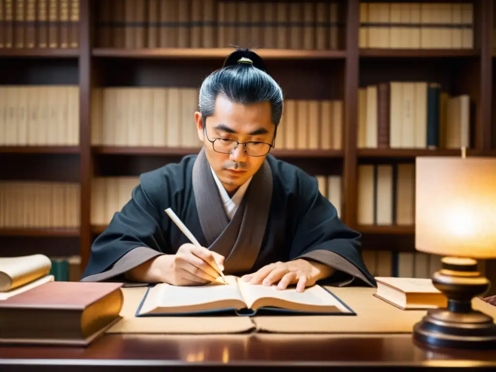 Fukuzawa Yukichi inmerso en la visión de modernización durante la Era Meiji, rodeado de libros y documentos en su estudio iluminado naturalmente