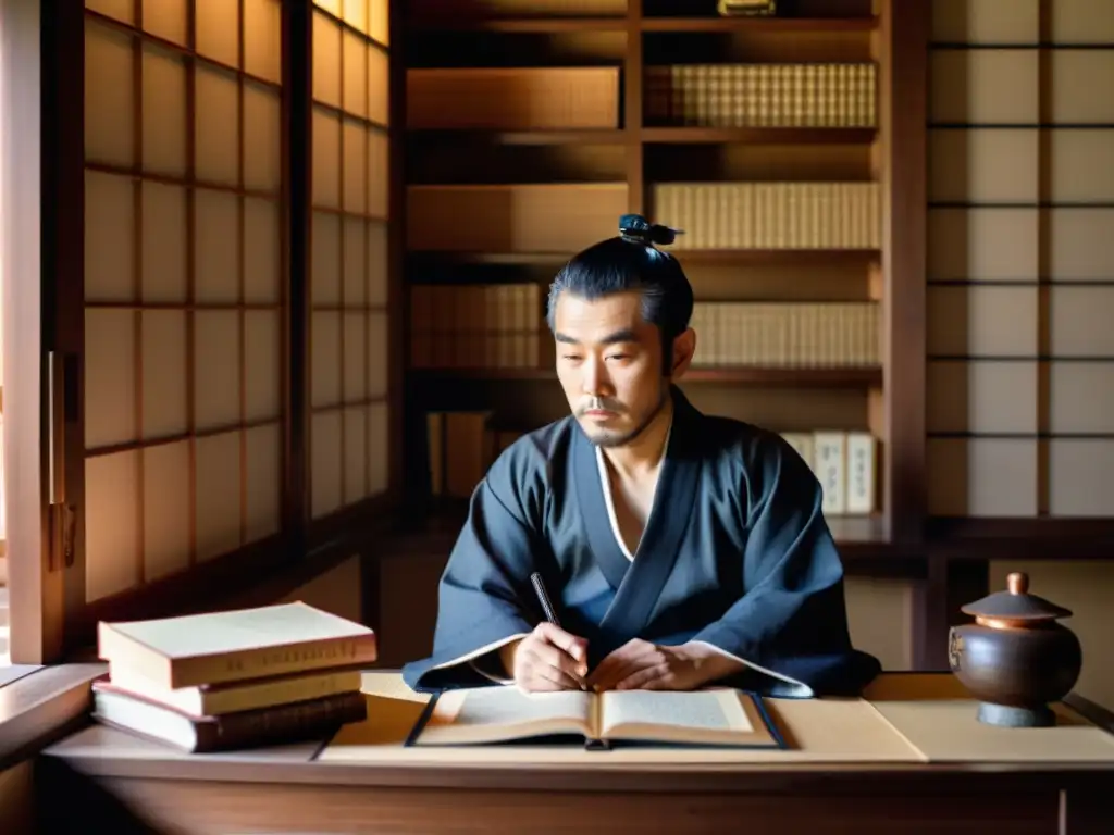 Fukuzawa Yukichi inmerso en la visión de modernización de la Era Meiji, rodeado de libros, con luz natural iluminando su rostro reflexivo