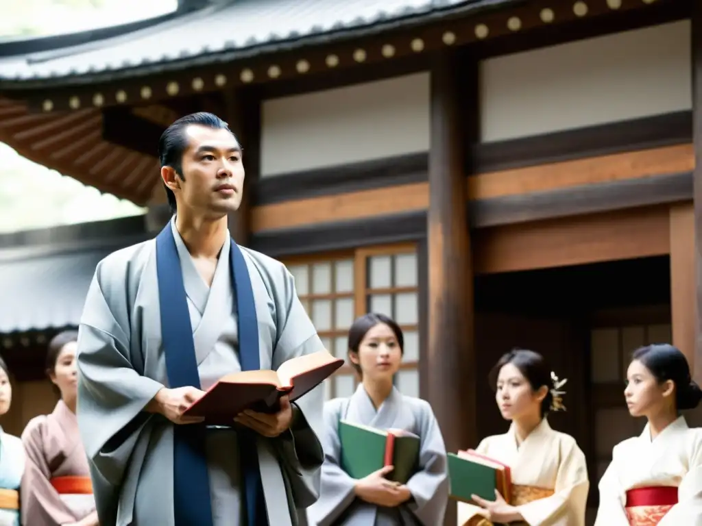 Fukuzawa Yukichi en kimono da una conferencia a jóvenes en Japón durante la modernización de la Era Meiji