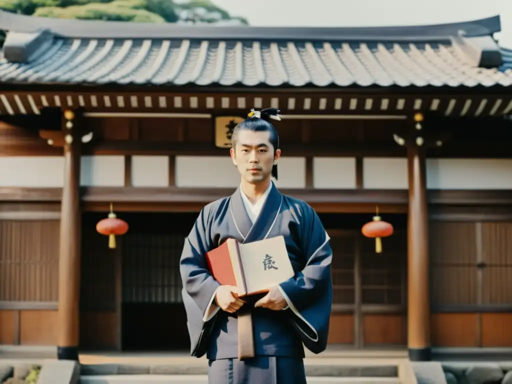 Fukuzawa Yukichi, con kimono, frente a un edificio tradicional japonés, reflejando sabiduría y determinación en la Era Meiji