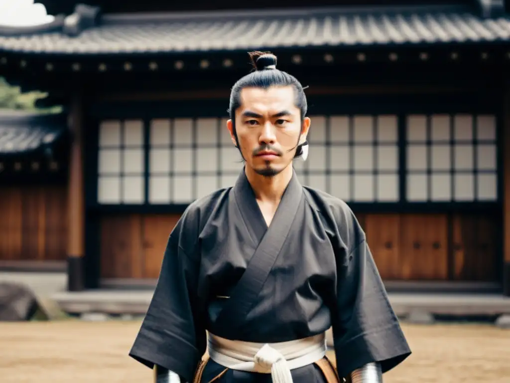 Fukuzawa Yukichi con visión de modernización en la Era Meiji, en atuendo samurái con katana, entre la arquitectura tradicional y la ciudad