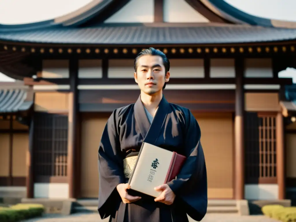 Fukuzawa Yukichi, visionario de la modernización en la Era Meiji, con determinación frente a un edificio japonés tradicional