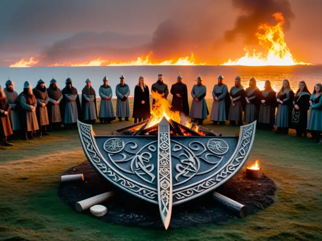 Funeral vikingo: barco en llamas y luto Un funeral vikingo con un barco ardiente rodeado de runas, evocando solemnidad y tradición