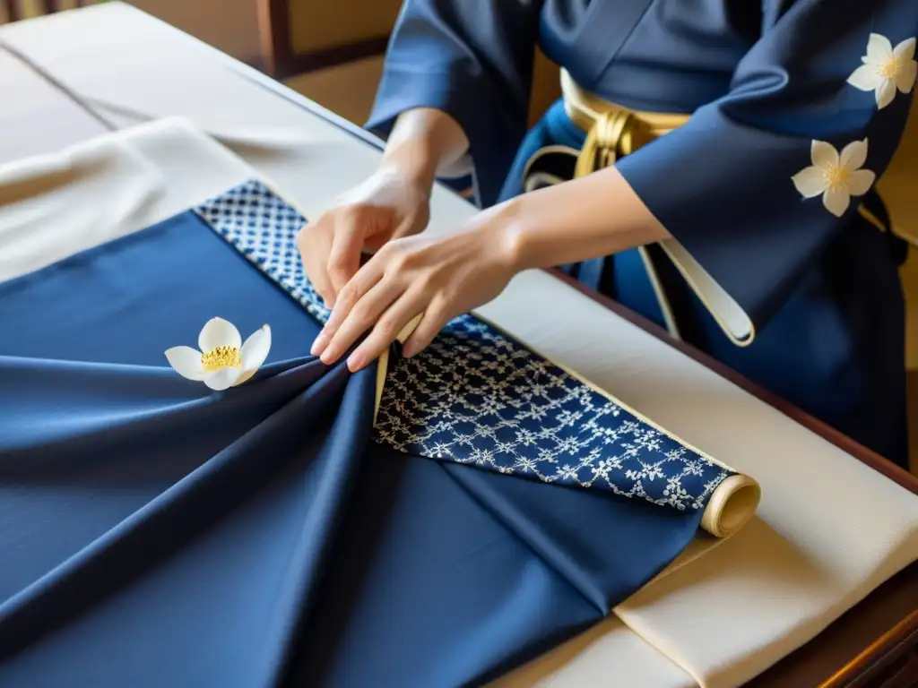 Un furoshiki de tela indigo con patrón de cerezo envuelve con elegancia un samurái, evocando arte y tradición japonesa