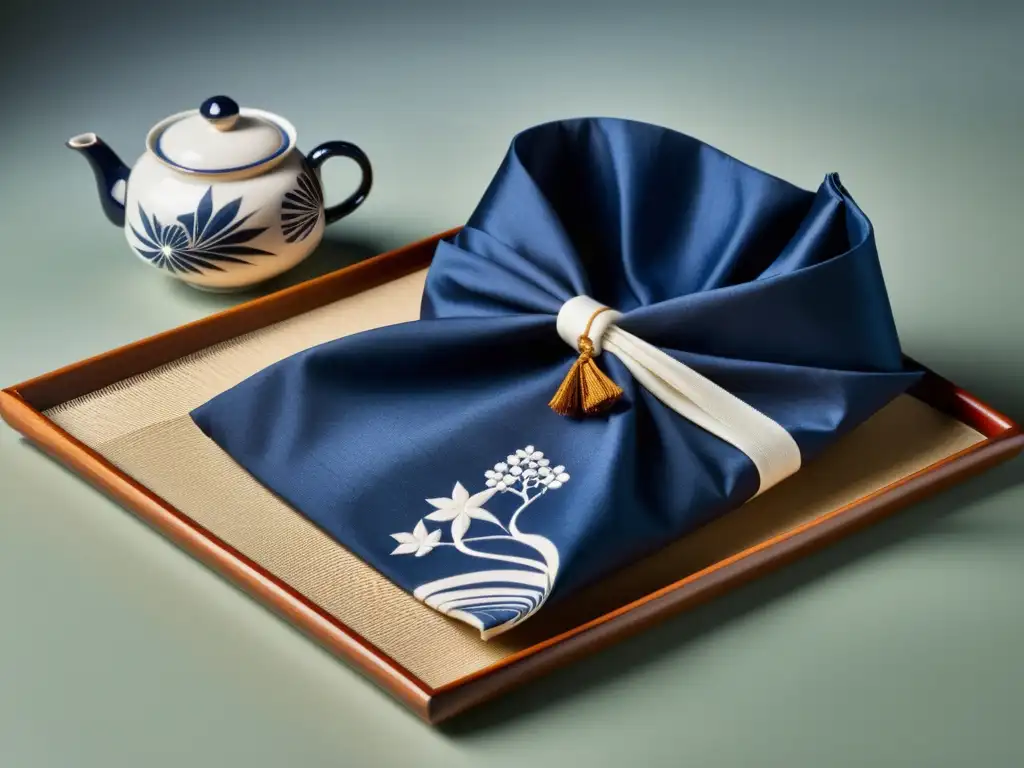 Un furoshiki de tela añil envuelve delicadamente un juego de té, evocando elegancia atemporal y el arte del envoltorio samurái