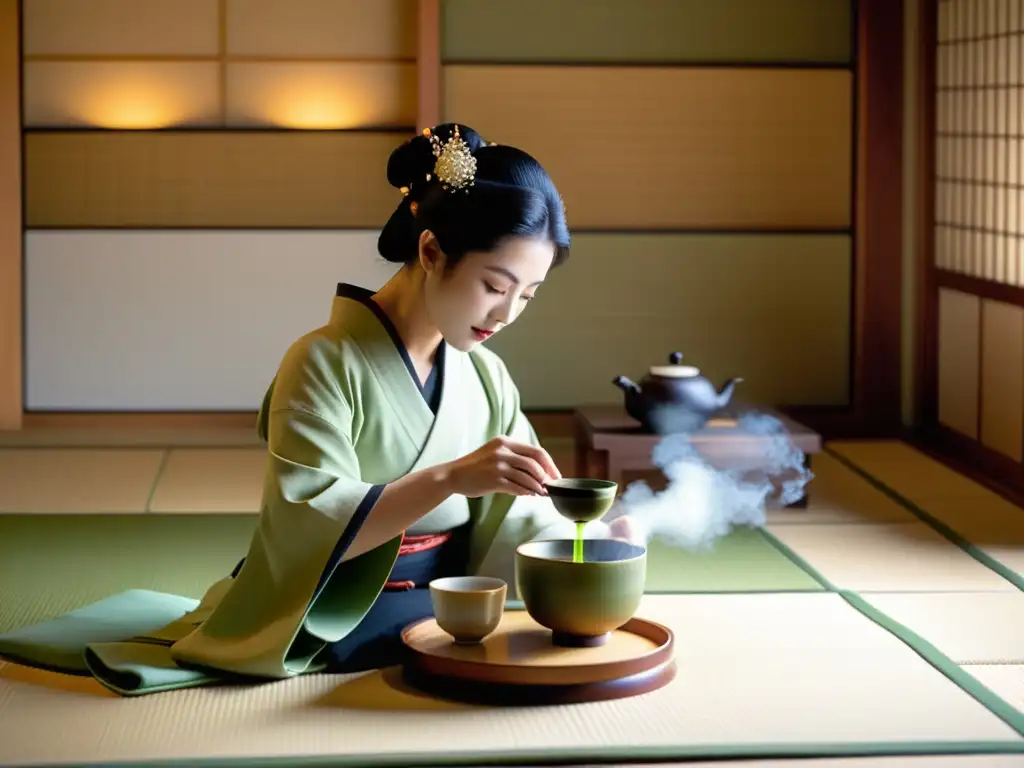 Una geisha vierte matcha en una taza de porcelana en una tranquila ceremonia del té japonés, transmitiendo la filosofía de la impermanencia samurái