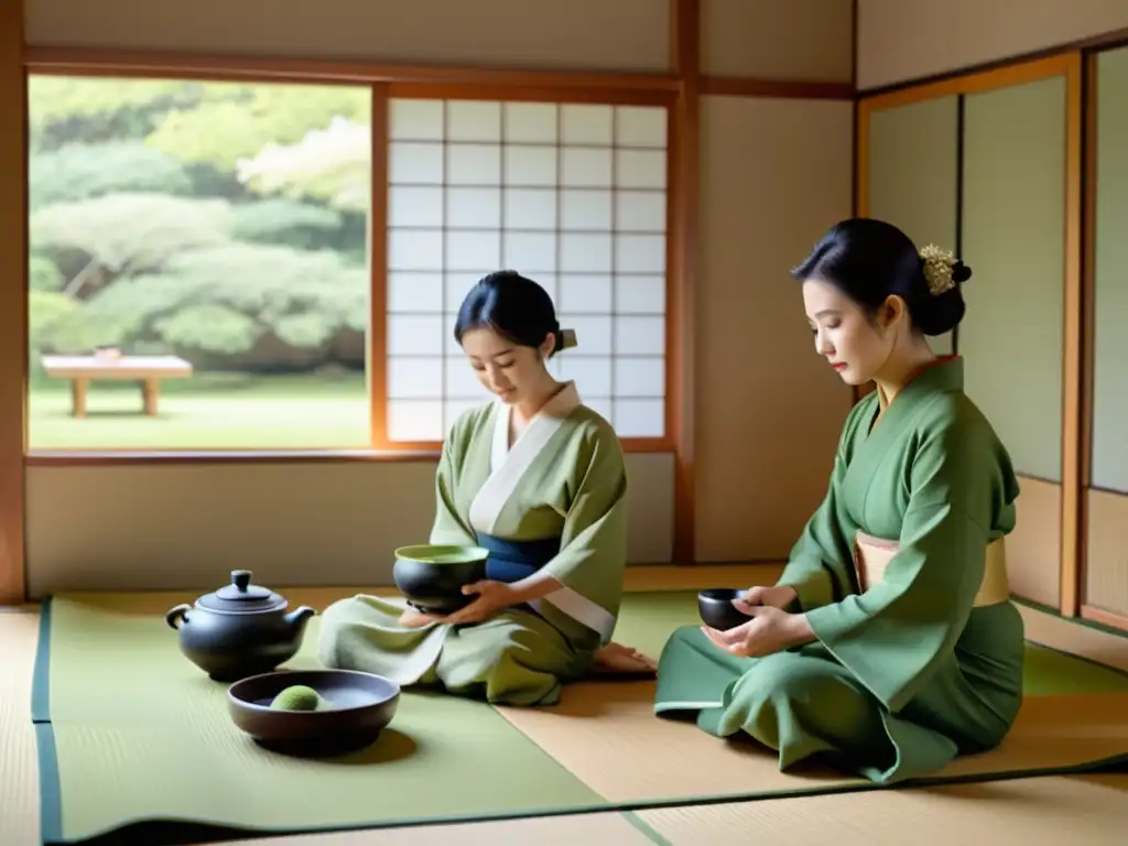 Generaciones de mujeres en una ceremonia del té japonés, transmitiendo el poder económico en la sociedad samurái