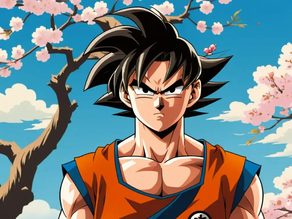 Son Goku en pose disciplinada, músculos tensos y mirada determinada, rodeado de serenidad y sakuras