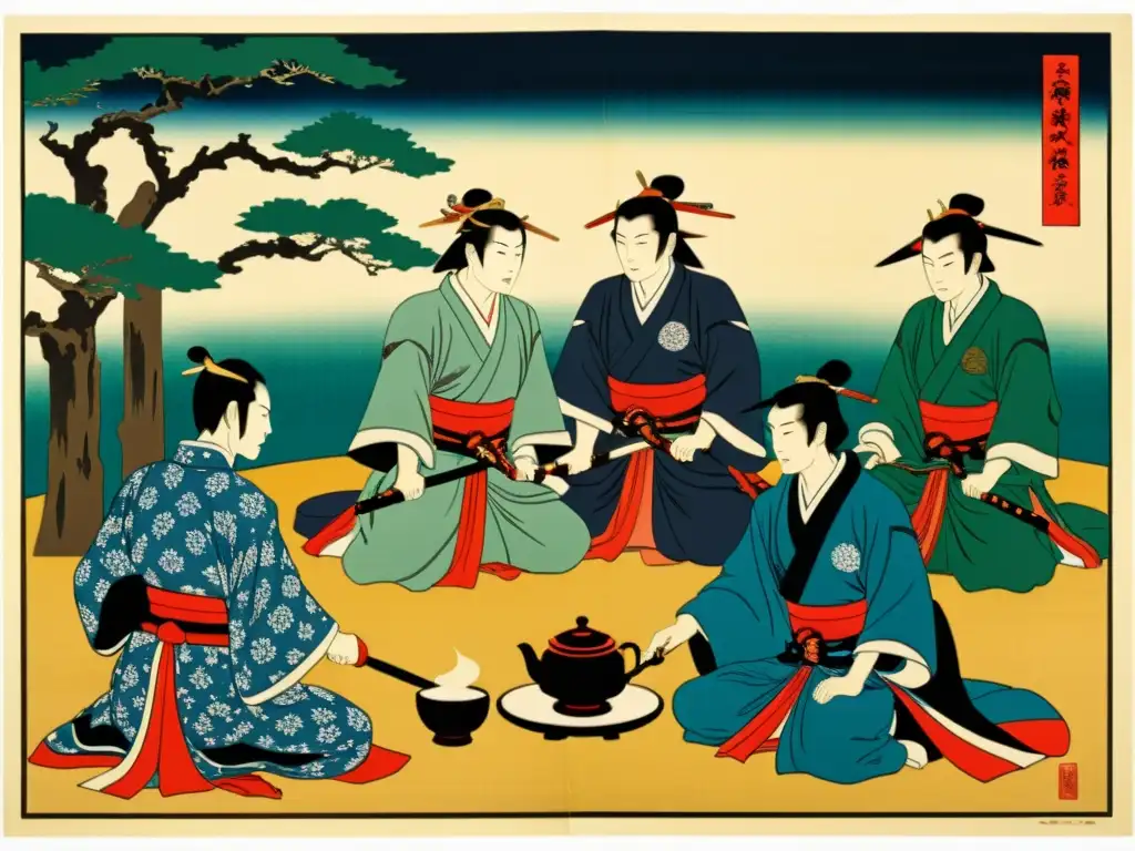 Grabado tradicional japonés que muestra una ceremonia del té samurái, destacando la disciplina y riqueza cultural del Bushido