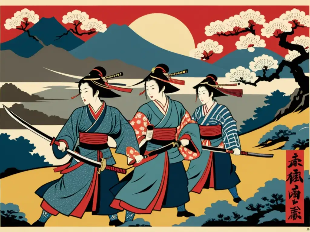 Onnabugeisha: Guerreras samurái en combate Un grabado tradicional japonés muestra a Onnabugeisha, samuráis femeninas, en batalla con determinación