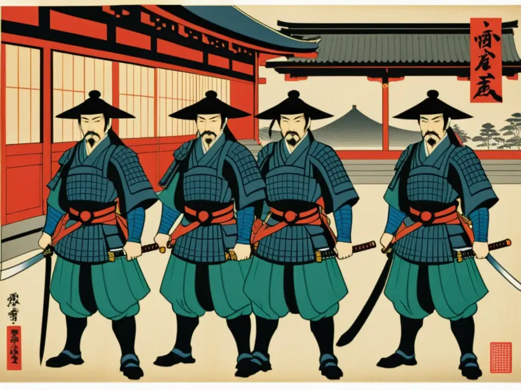 Un grabado tradicional japonés muestra a los Ronin desafiantes frente al palacio de un señor feudal, simbolizando su rebelión