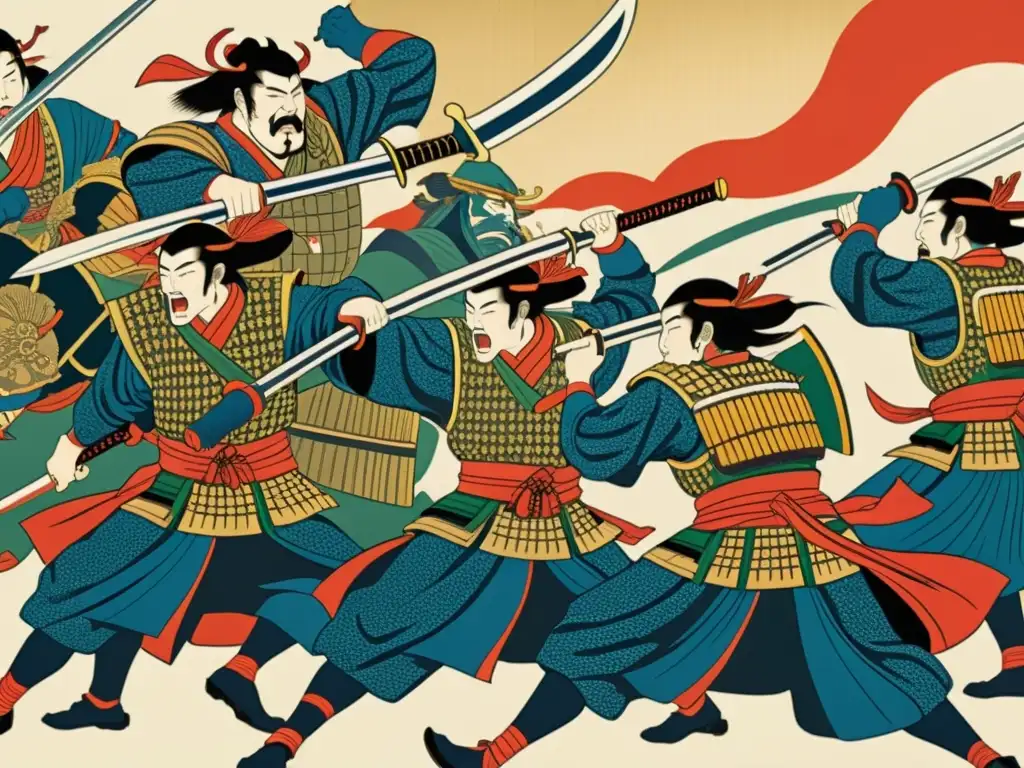 Un grabado Ukiyoe muestra a samuráis en batalla, con detalles impresionantes y colores vibrantes, capturando la esencia del arte tradicional japonés