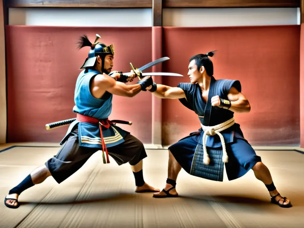 Comparación lucha samurái pankration griego: Imagen de intensa batalla entre un samurái y un luchador de pankration griego, mostrando sus técnicas únicas y estilos de combate en un escenario histórico