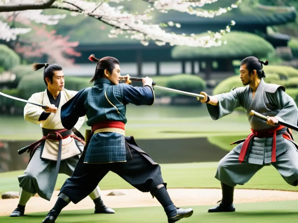 Grupo de actores samuráis ejecutan coreografías de lucha en un set de cine, ambientado en un jardín japonés con árboles de cerezo en flor