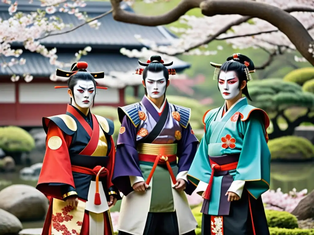 Un grupo de actores de Kabuki moderno en armaduras samurái, posando en un jardín japonés tradicional con cerezos en flor