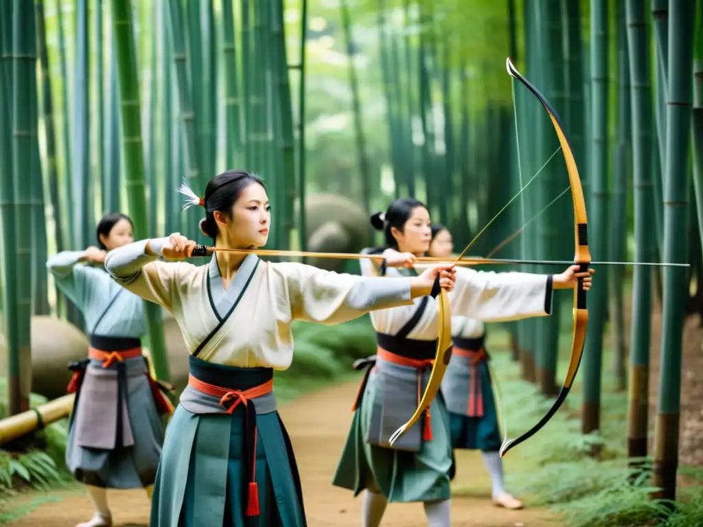 Grupo de arqueras practicando Kyudo samurái en un bosque de bambú, mostrando elegancia y concentración