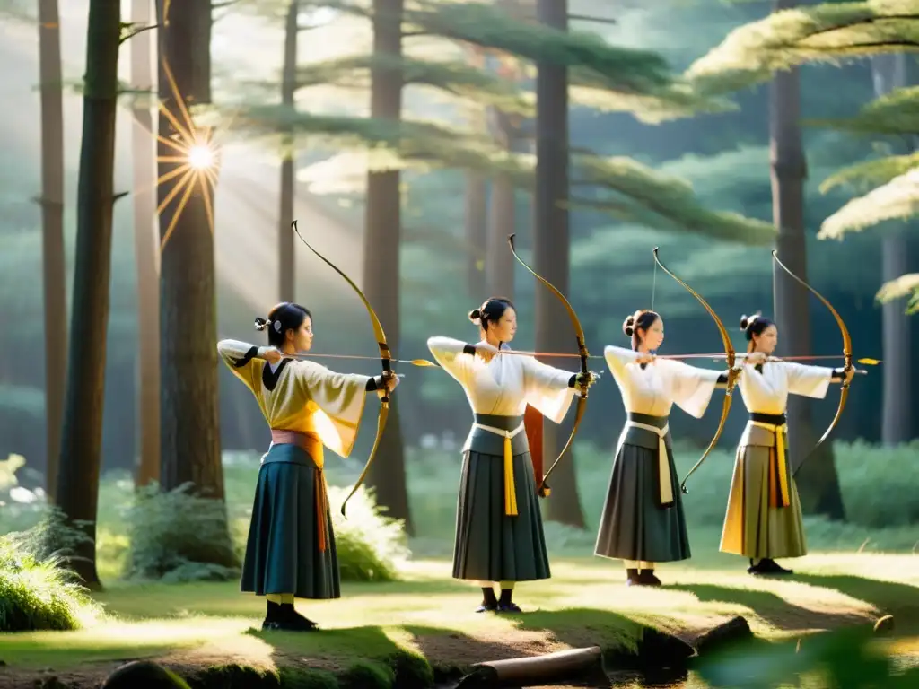 Grupo de arqueros de Kyudo en el bosque, con vestimenta tradicional y arcos listos