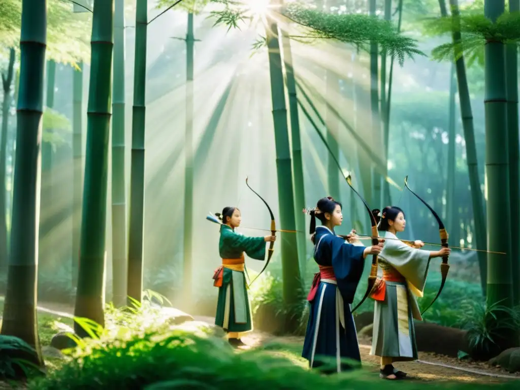 Un grupo de arqueros japoneses antiguos practican Kyudo en un bosque de bambú