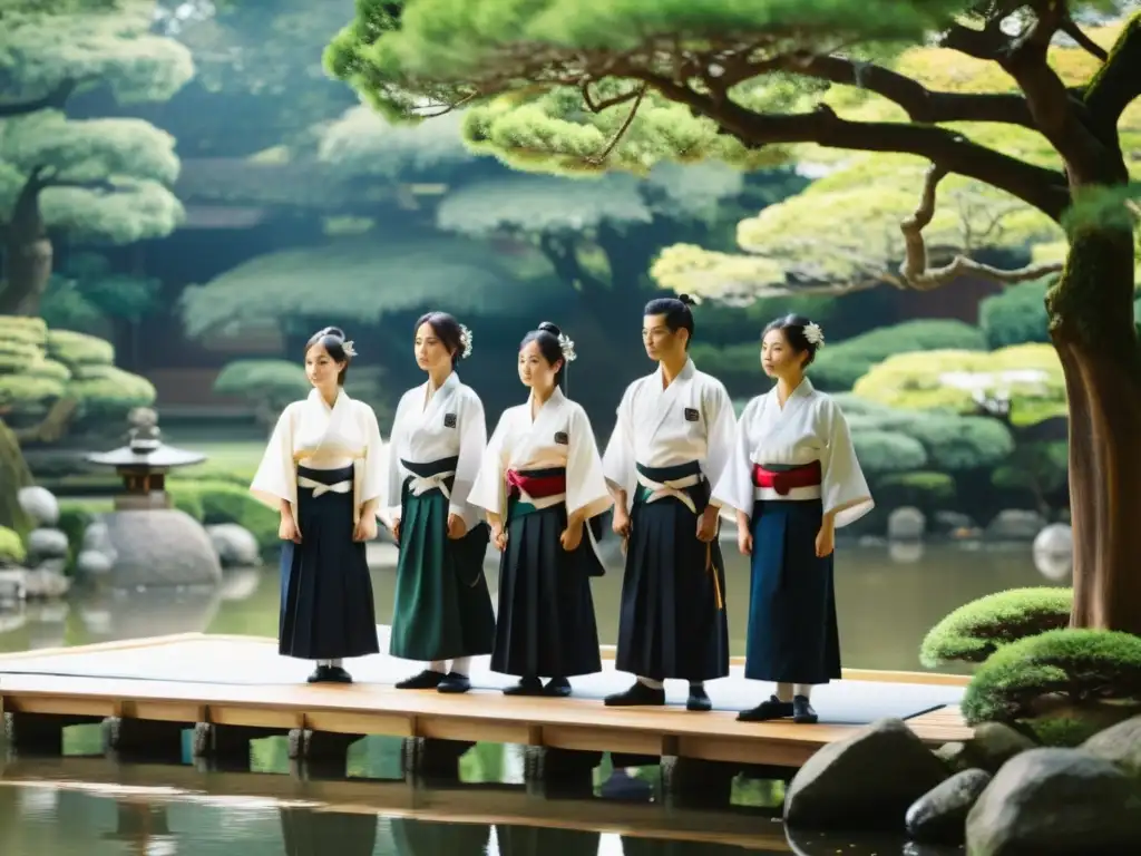 Grupo de arqueros tradicionales japoneses practicando Kyudo en un jardín zen con un dojo de fondo