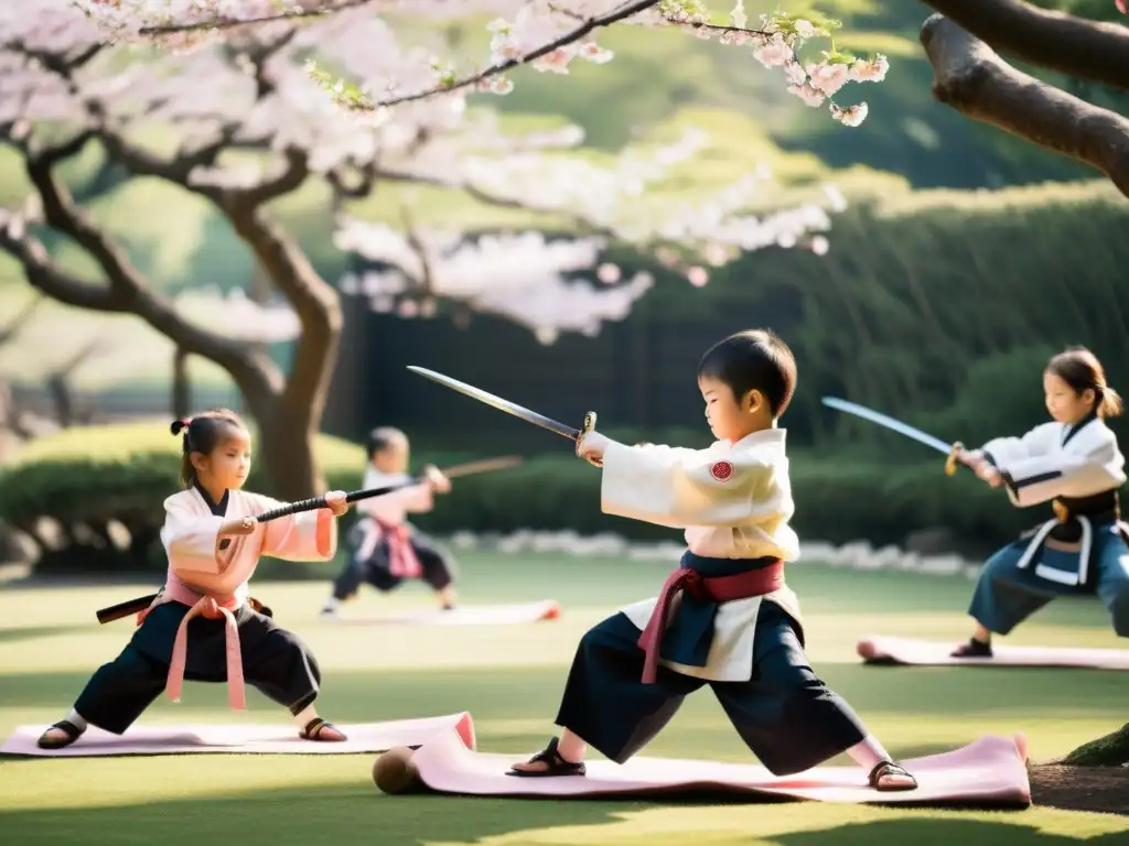 Grupo de niños samurái practicando artes marciales en jardín de cerezos, reflejando disciplina y honor samurái