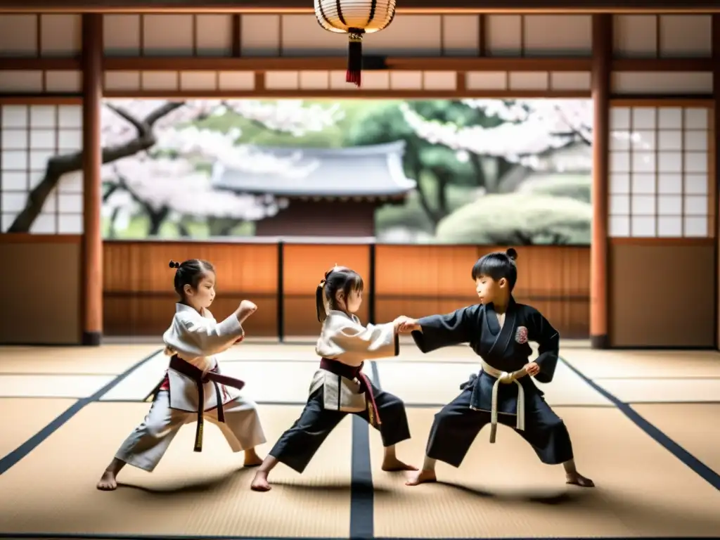 Grupo de niños samurái practicando artes marciales en un dojo tranquilo rodeado de cerezos en flor