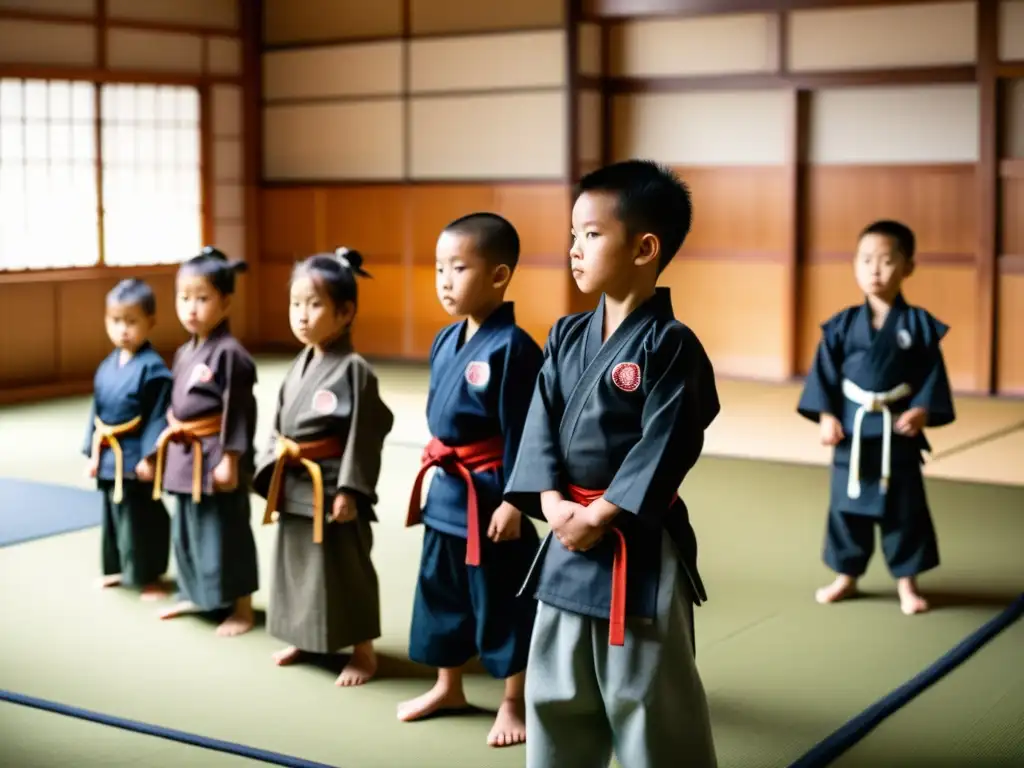 Grupo de niños samurái practicando artes marciales en un dojo sereno y luminoso, reflejando disciplina y respeto