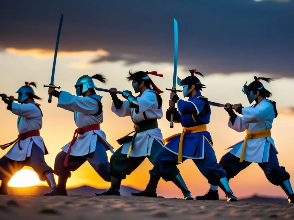 Grupo de ronin practicando artes marciales al amanecer, reflejando las habilidades de los ronin para sobrevivir