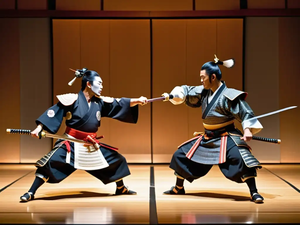 Grupo de artistas Noh con armaduras samurái realizando una danza dinámica y precisa