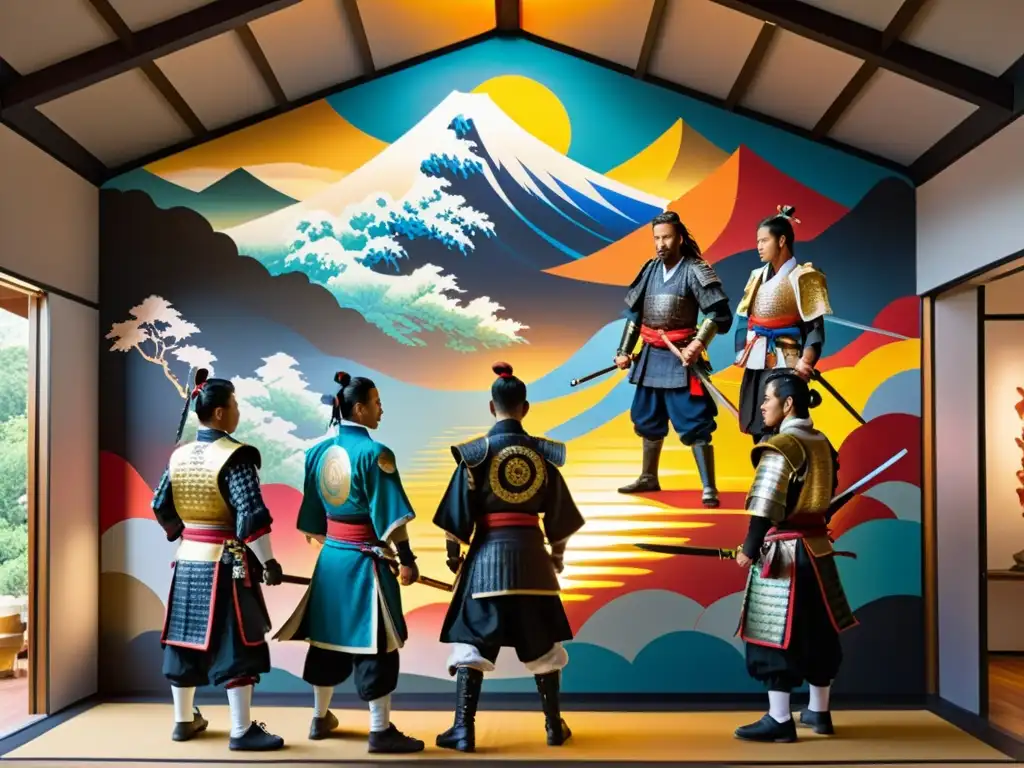 Grupo de artistas contemporáneos discuten una moderna interpretación del Bushido en un mural vibrante