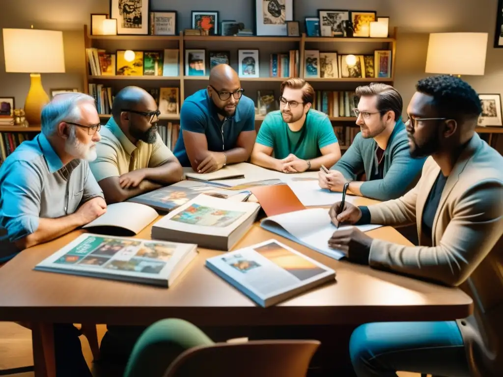 Reunión creativa de artistas y escritores de cómics Grupo de artistas y escritores de cómics contemporáneos reunidos alrededor de una mesa, inmersos en intensa creatividad