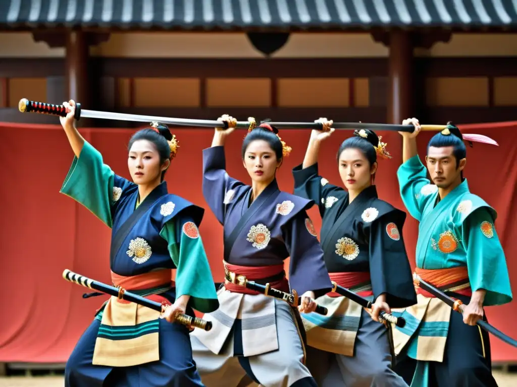 Grupo de artistas del Festival Kembu Kioto danza guerreros samurái con intensidad y elegancia bajo los cerezos en flor