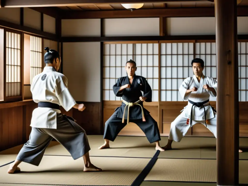 Grupo de artistas marciales en dojo japonés, practicando con intensidad