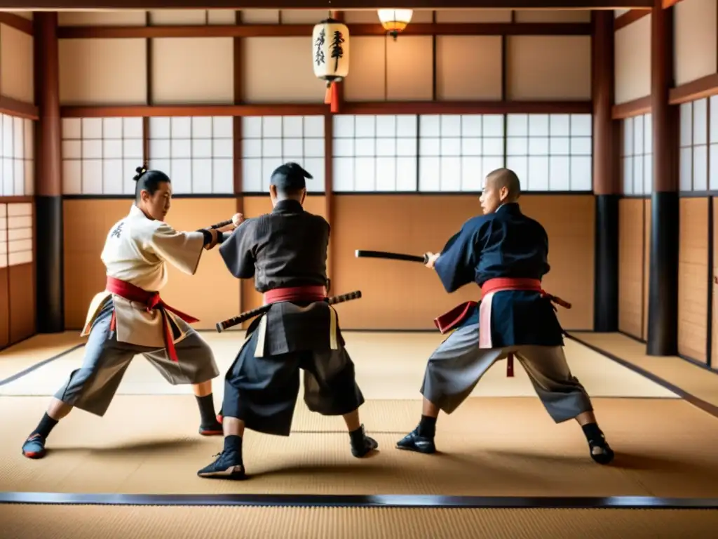 Grupo de artistas marciales en dojo japonés, honrando el legado del bushido con disciplina y maestría