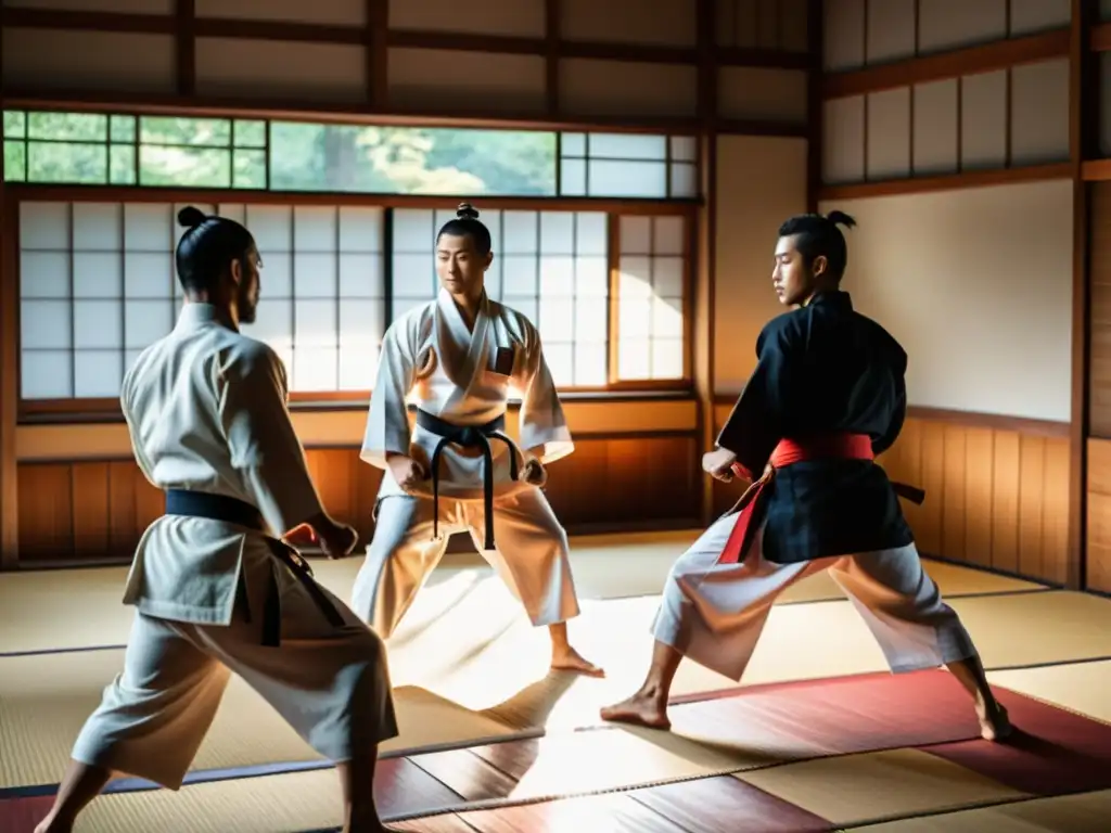 Grupo de artistas marciales practicando en un dojo japonés con influencia de los ronin samuráis