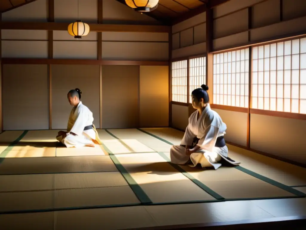 Grupo de artistas marciales practicando kendo en un dojo tradicional japonés, creando una atmósfera de retiro espiritual samurái meditación arte