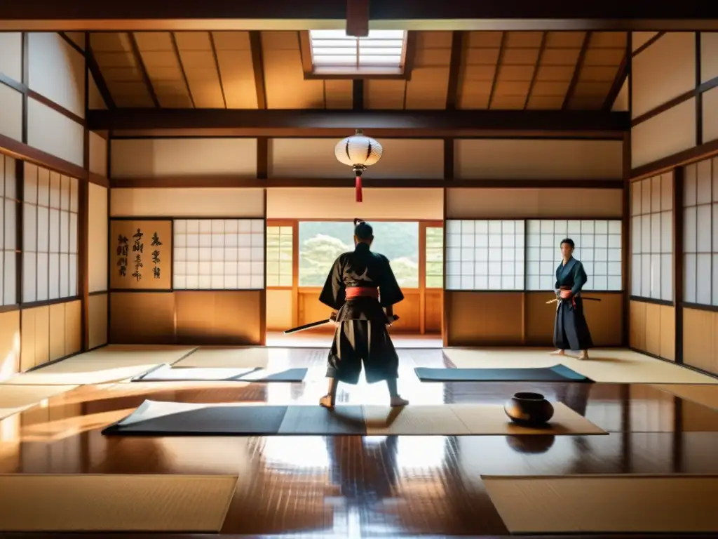 Grupo de artistas marciales practicando en un dojo japonés, capturando la esencia de la cultura samurái en el mundo moderno