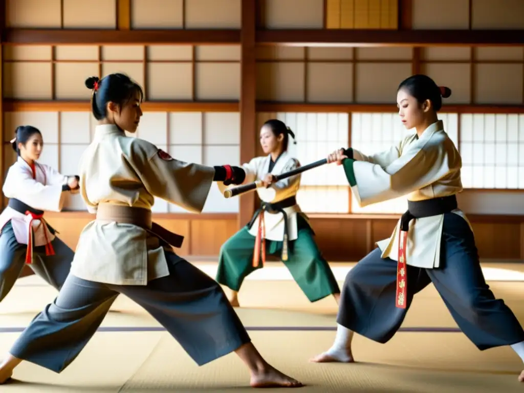 Un grupo de artistas marciales femeninas practicando técnicas de combate Naginatajutsu tradicional con precisión y determinación en un dojo sereno