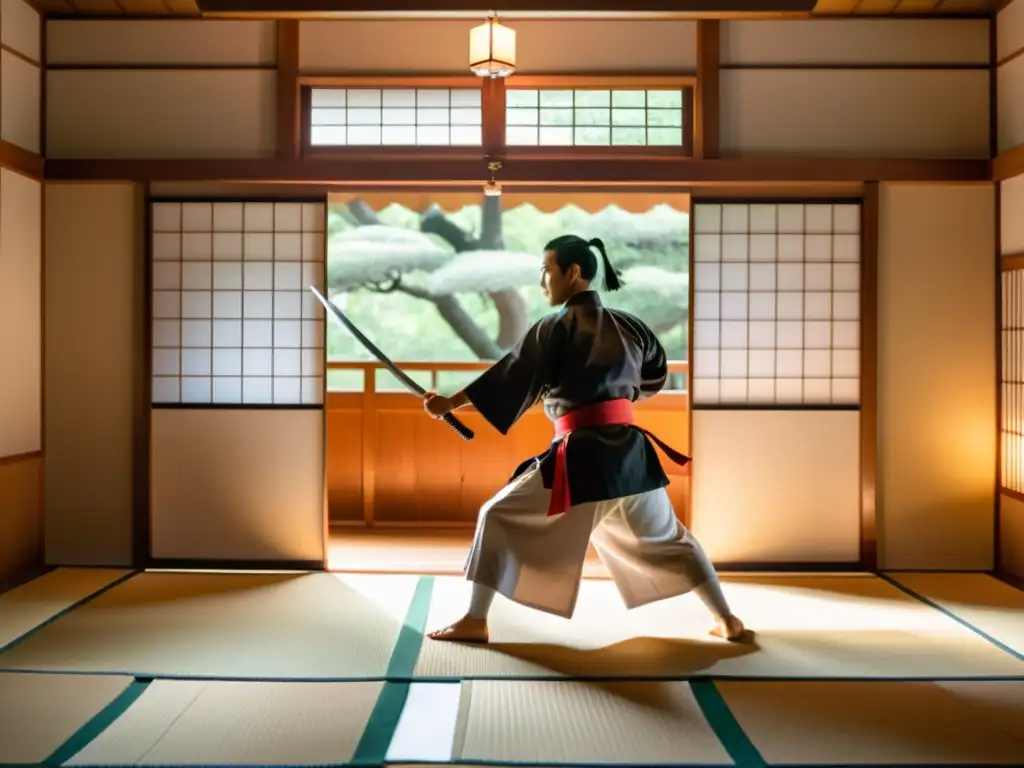 Grupo de artistas marciales practican kenjutsu en un dojo japonés, evocando la solemnidad y reverencia de las artes marciales en la cultura samurái